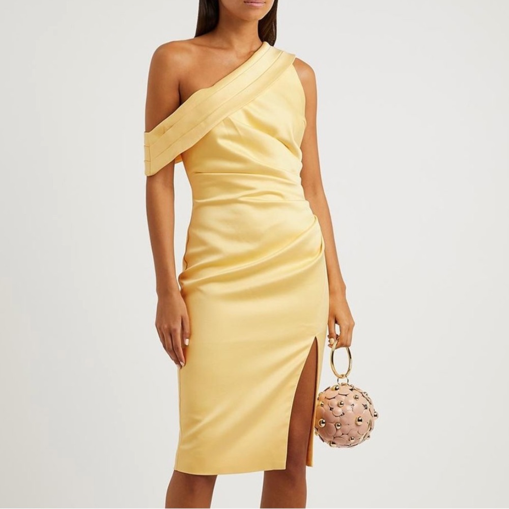 New Lavish Alice Yellow One Shoulder Pleated Satin Midi Dress With Slit Size 4